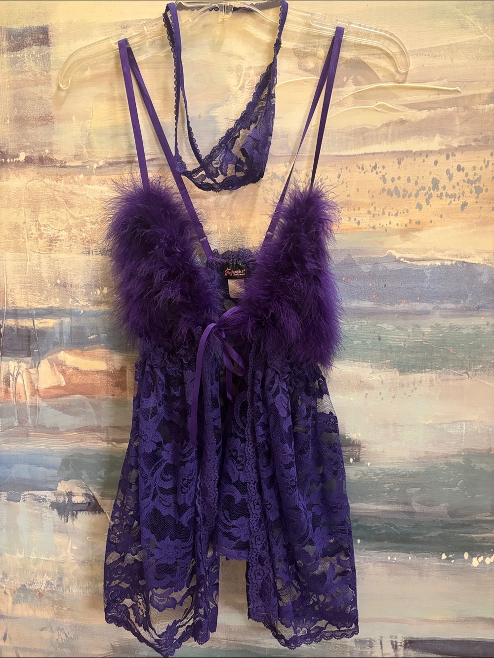 Frederick's of Hollywood Purple Lace Babydoll with Feather Trim - Picture 1 of 6